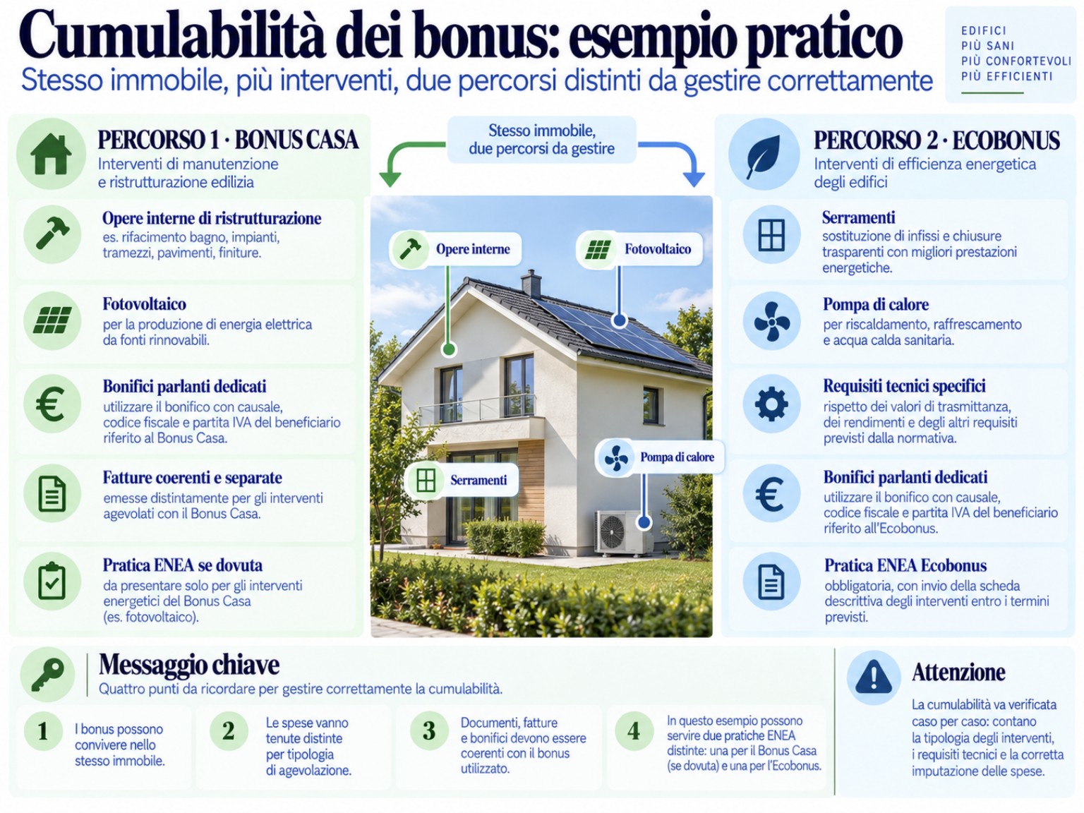 Esempio di cumulabilità tra Bonus Casa ed Ecobonus con fotovoltaico, serramenti e pompa di calore