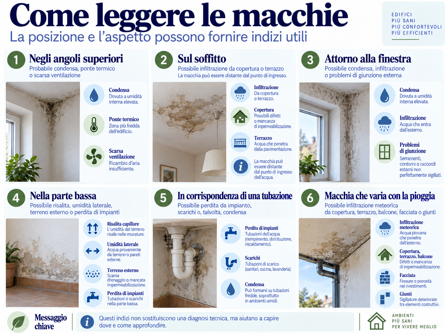 Esempi di macchie da condensa, infiltrazione, possibile risalita e perdita di impianti in differenti zone dell’edificio