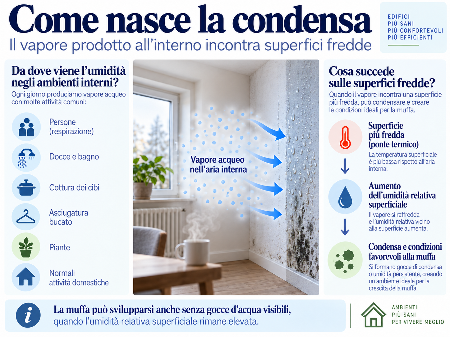 Schema della formazione della condensa interna: produzione di vapore, superficie fredda, aumento dell’umidità relativa superficiale e rischio di muffa
