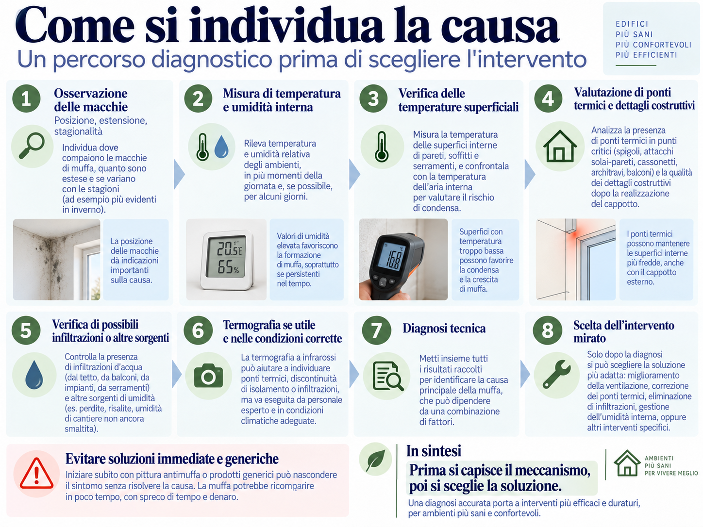 Percorso diagnostico per individuare la causa della muffa interna mediante osservazione, misure termoigrometriche, termografia e analisi dei ponti termici