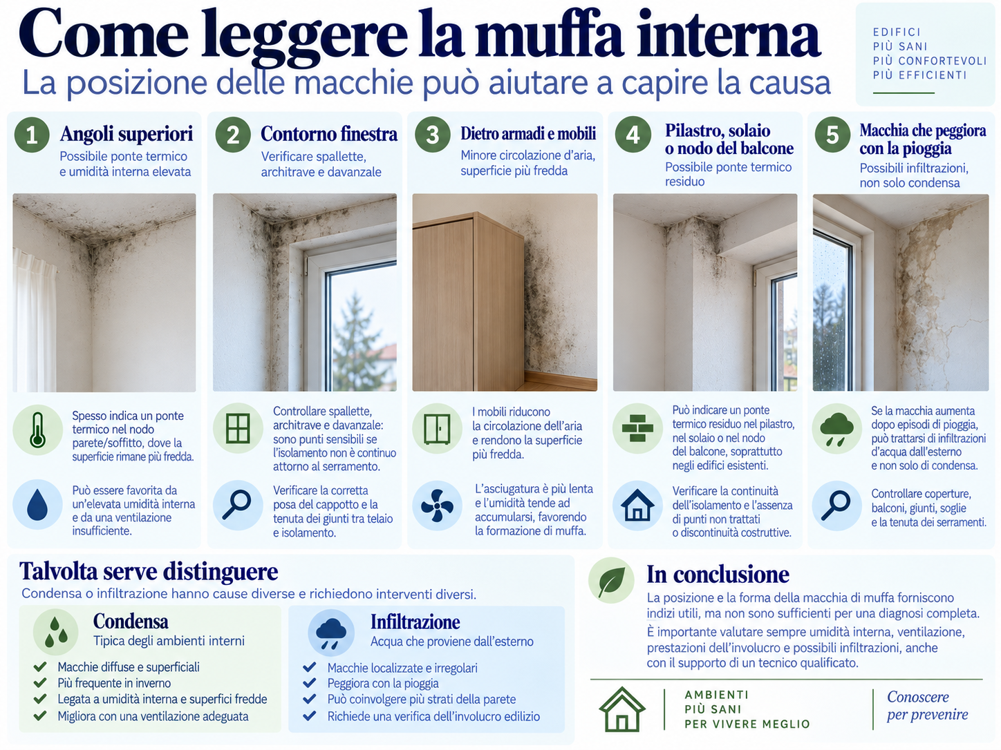 Esempi di distribuzione della muffa interna negli angoli, attorno alle finestre, dietro i mobili e in presenza di ponti termici o infiltrazioni