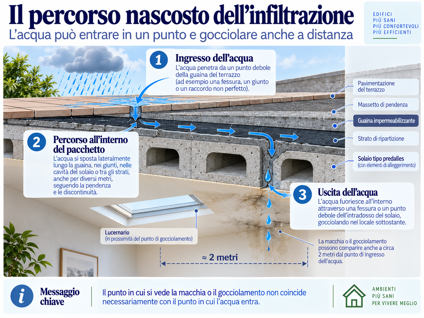 Schema di infiltrazione da un terrazzo con spostamento laterale dell’acqua nel pacchetto e gocciolamento a distanza dal punto di ingresso