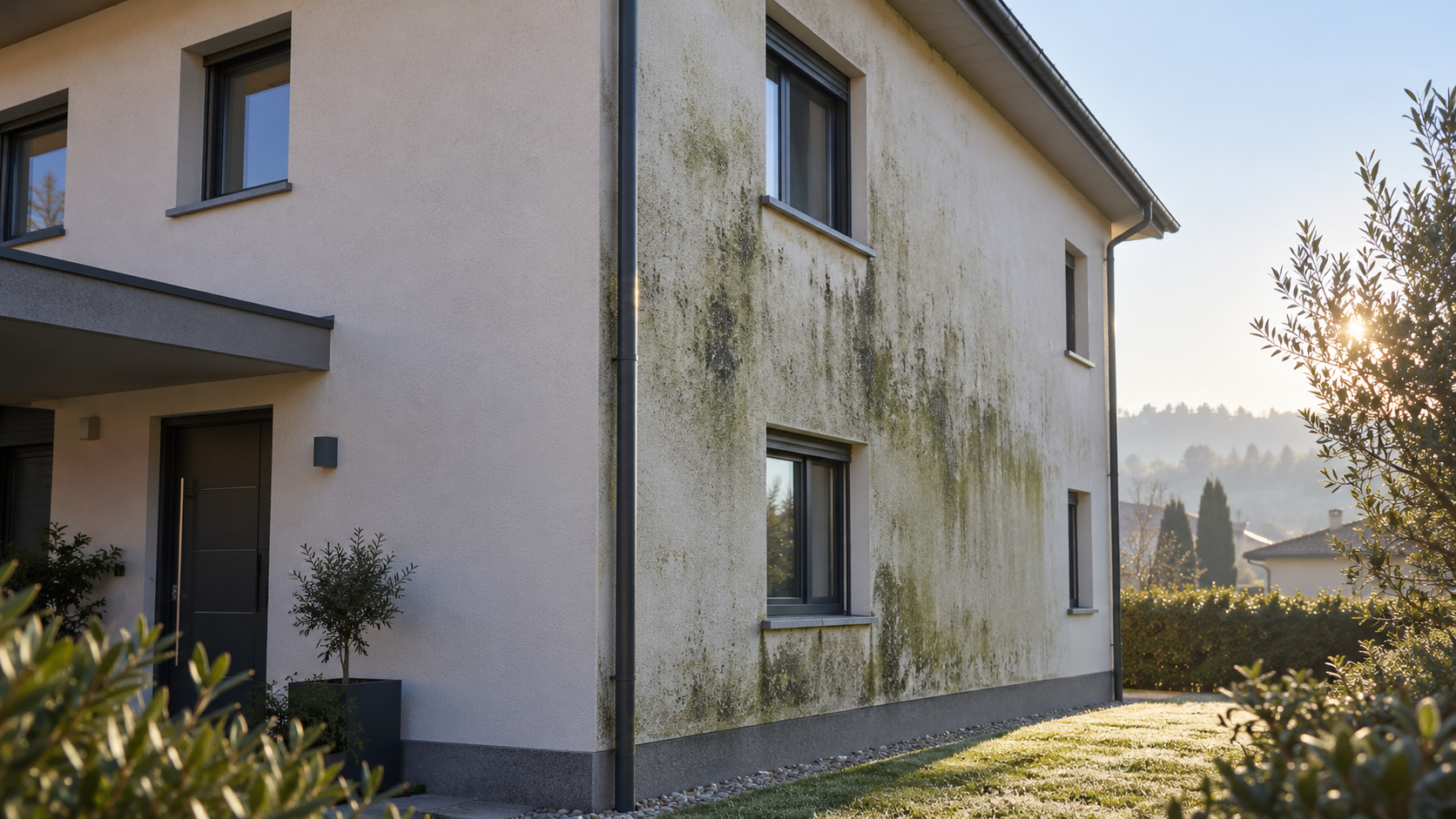 Macchie verdi e colonizzazione biologica sulla facciata esterna di un edificio recente con cappotto termico